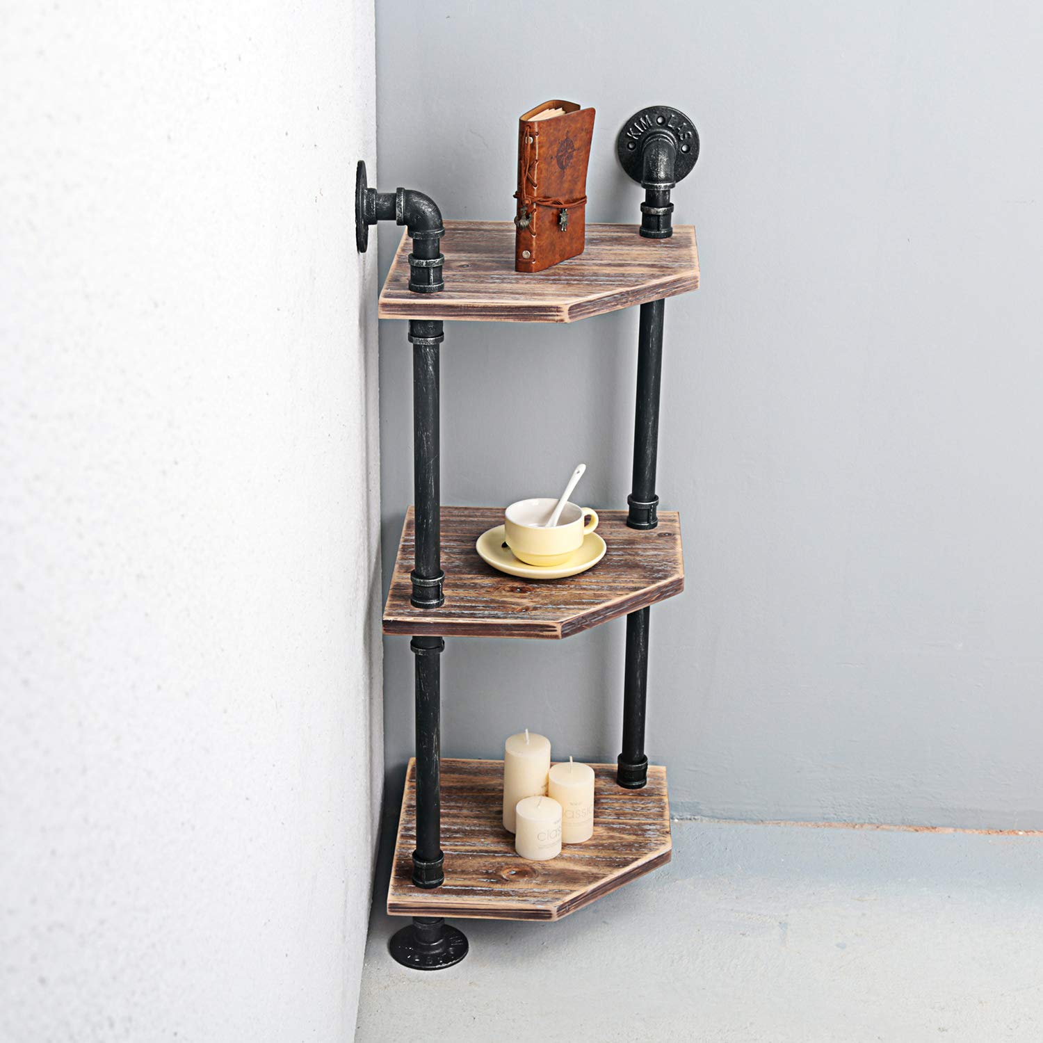 Ufuns Industrial Pipe Corner Shelf, 3-Tier Corner Storage Shelves Unit,Ladder Bookcase, Storage Rack, for Kitchen,Living Room, Home, Office, Rustic Shelf