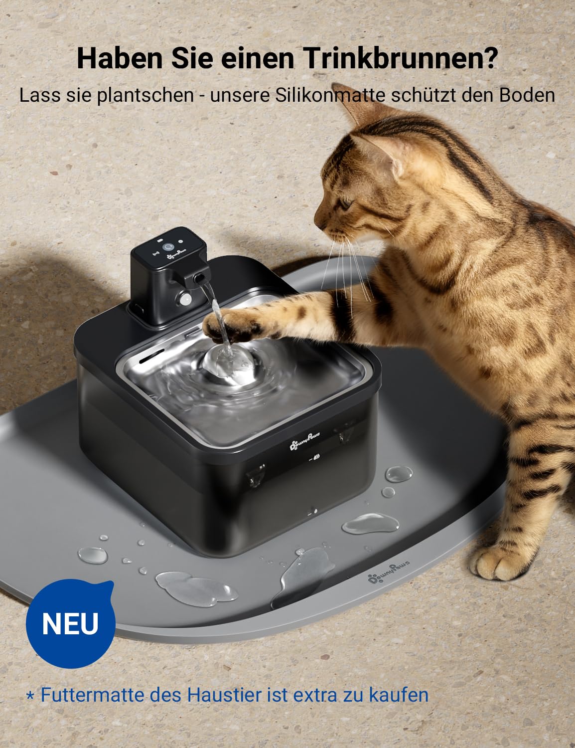 DownyPaws 2.5L Trinkbrunnen für Katze Kabellos, Katzenbrunnen Kabellos mit Bewegungsmelder, Batteriebetrieben Katzentrinkbrunnen, 4000mAh, Leise Wasserpumpe, Tablett aus Edelstahl für Katze, Schwarz 6