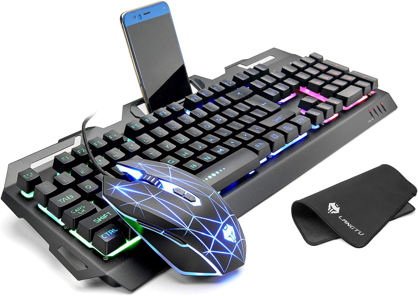 Gaming Keyboard and Mouse Combo Large Mouse Pad Aluminum Keyboard,LANGTU Gaming Mouse and Keyboard,Wired Keyboard with Colorful Lights and Mouse with 7 Adjustable DPI for Gaming PC/Laptop/MAC/Windows