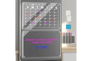 Polegas Magnetic Calendar for Fridge, 16"X12" Acrylic Dry Erase Board and Calendar for Refrigerator, Clear Erasable Magnet Monthly Calendar Memo Board with 8 Markers