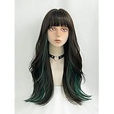 WKLOUYHE Long Wavy Wig for Women Synthetic Curly Wig with Bangs Fibre Cosplay Wig for Women Daily Use Colorful Wigs (Black+Brown+Green)