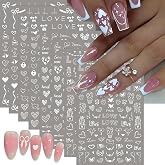 8 Sheets Valentines Nail Art Stickers with Heart Design Nail Decals 3D Self Adhesive White Cute Heart Bow Nail Stickers for Women DIY Valentine Manicure Decoration Accessories