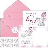 Zhanmai 50 Sets Baby Shower Thank You Gift Cards 50 Elephant Themed Baby Shower Thank You Notes with 50 Envelopes and 50 Stickers for Boys Girls Gender Reveal Party(Pink)