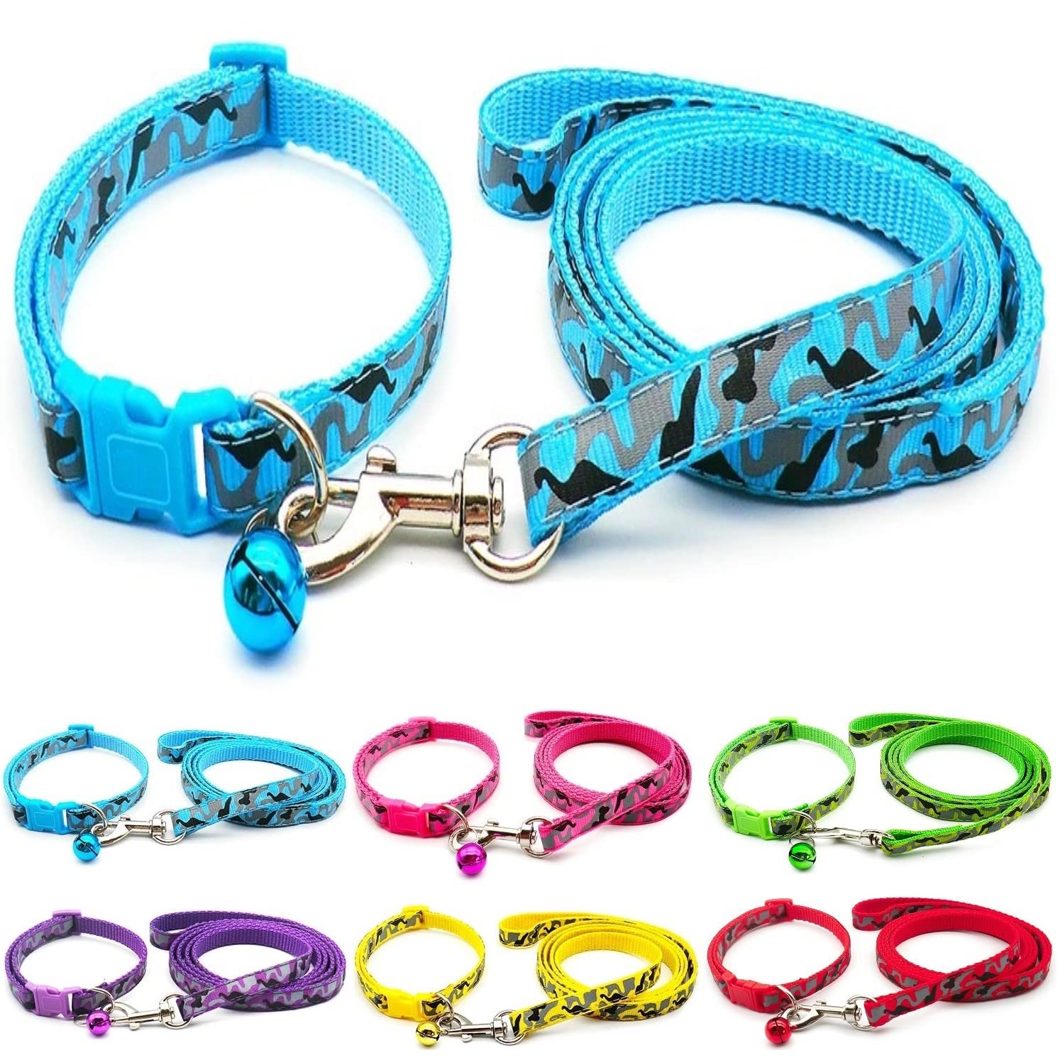 Small Dog Puppy Pet Collar and Lead Set Camo Camouflage Design Nylon Adjustable Size 19-32cm Collar with Bell and 120cm Leash Blue