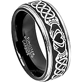 Mens Celtic Claddagh Tungsten Ring -8mm Brushed Finish Black IP & Gunmetal Stepped Edge Comfort Fit Tungsten Carbide Wedding Band