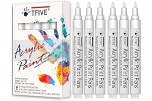 TFIVE White Acrylic Paint Marker Pens - 2-3mm Medium Tip, 6 Pack Permanent White Water Based Paint Pen for DIY Projects, Paintings for Rock, Fabric, Wood, Leather, Metal, Ceramics, Paper, Glass, Plastic