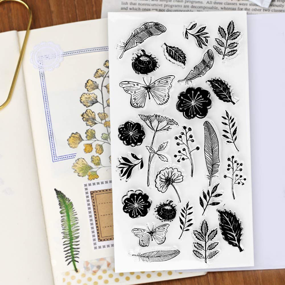 Tissting Clear Stamps, Transparent Silicone Craft Stamps with Floral Butterfly Leaf Feather Designs for Scrapbooking Photo Albums Card Making DIY Projects