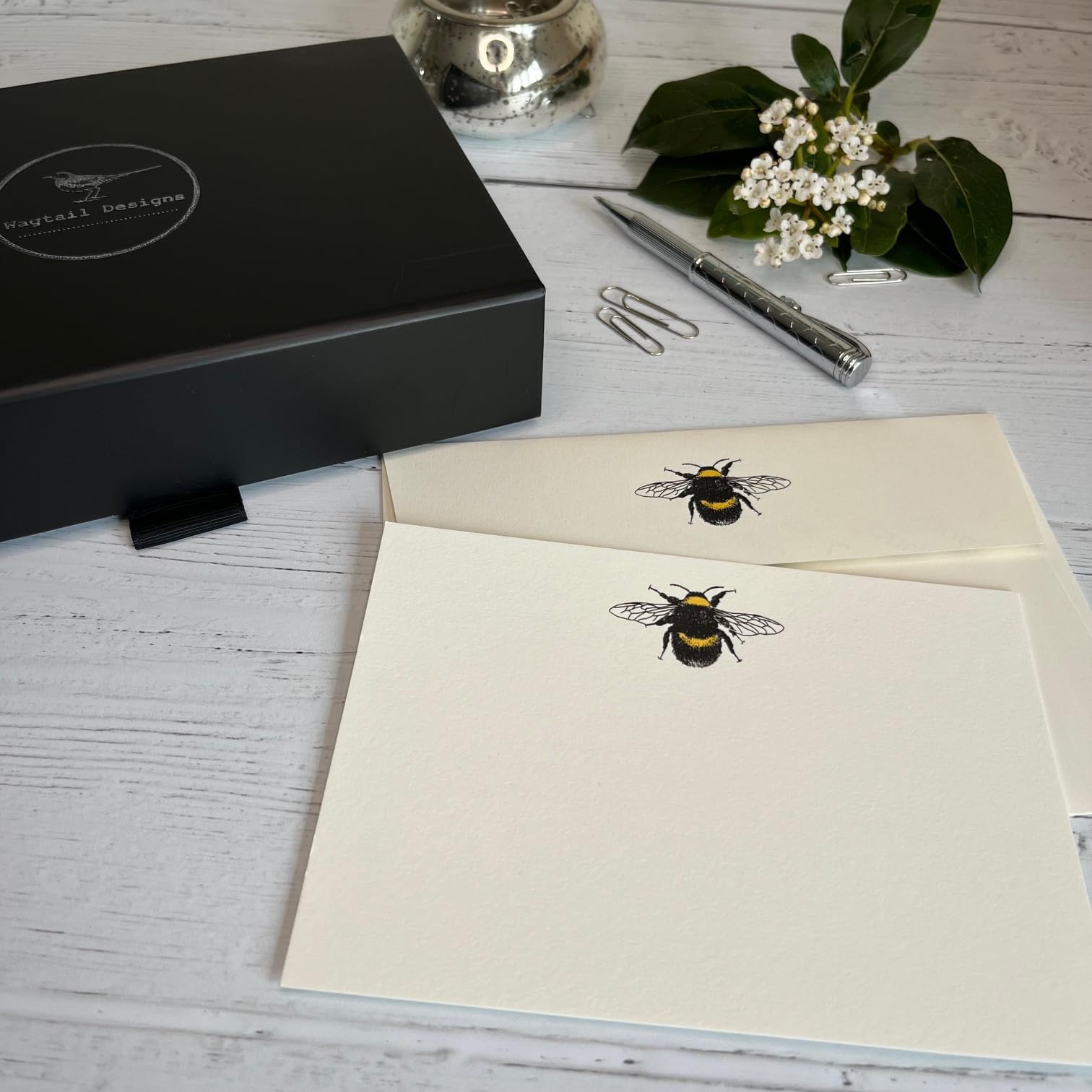 Wagtail Designs Notelets with a Bumble Bee Illustration in a Lovely Black Box with Ribbon (Choose 10 or 20 Cards with envelopes) (20)