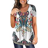 BeadChica Women's Plus Size Tunic Tops Casual Flowy Tshirts Ruched Botton Up Short Sleeve Blouses-Floral-3XL White Color