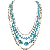 Firstmeet Layered Glass Bead Necklace Alloy Chain Retro Jewelry for Women Parties Wedding