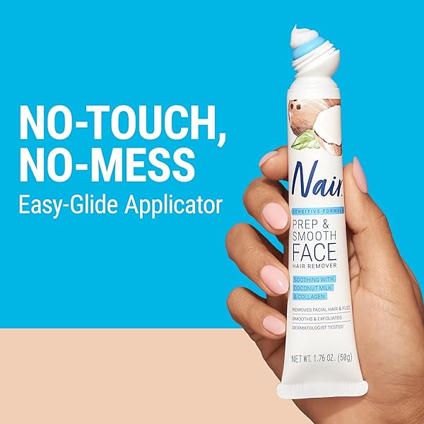 NAIR SENSITIVE FORMULA PREP & SMOOTH FACE HAIR REMOVER, SOOTHING WITH COCONUT MILK & COLLAGEN, REMOVES FACIAL HAIR & FUZZ, SMOOTHS & EXFOLIATES, DERMATOLOGIST TESTED, 1.76 OZ (PACK OF 2)