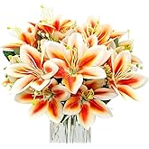 FOUSUKA 4 Bundles Artificial Tiger Lily Silk Flowers Faux Fake Lilies Plants for Wedding Bouquet Home Party Indoor Table Hotel Office Vases Floral Arrangements Outdoor Garden Decor (Orange)
