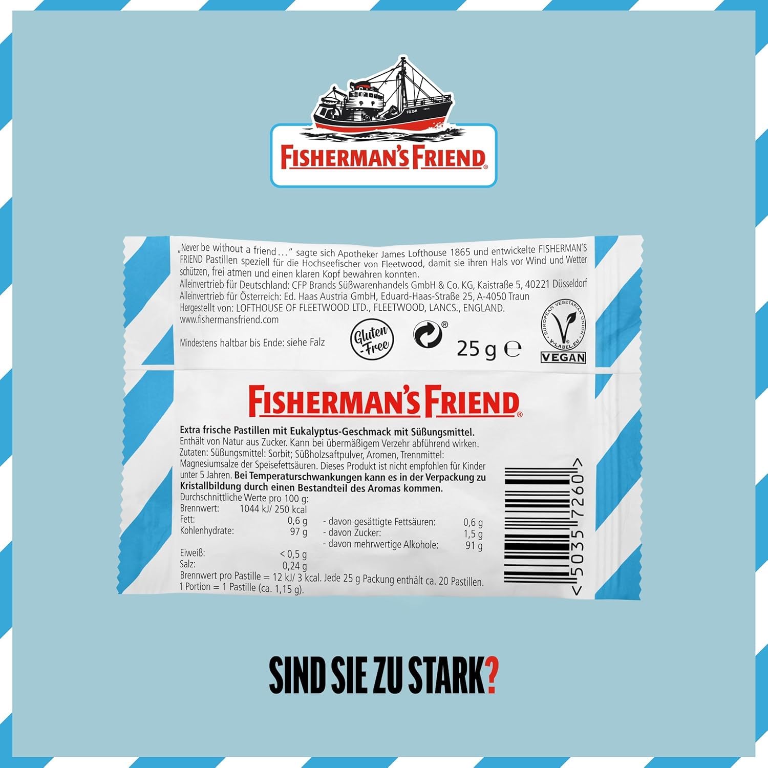 Fisherman's Friend Eucalyptus, 24er Vorratsbox, Eukalyptus und Menthol Geschmack, ohne Zuckerzusatz & vegan, Bonbons für frischen Atem, 24 x 25g 3