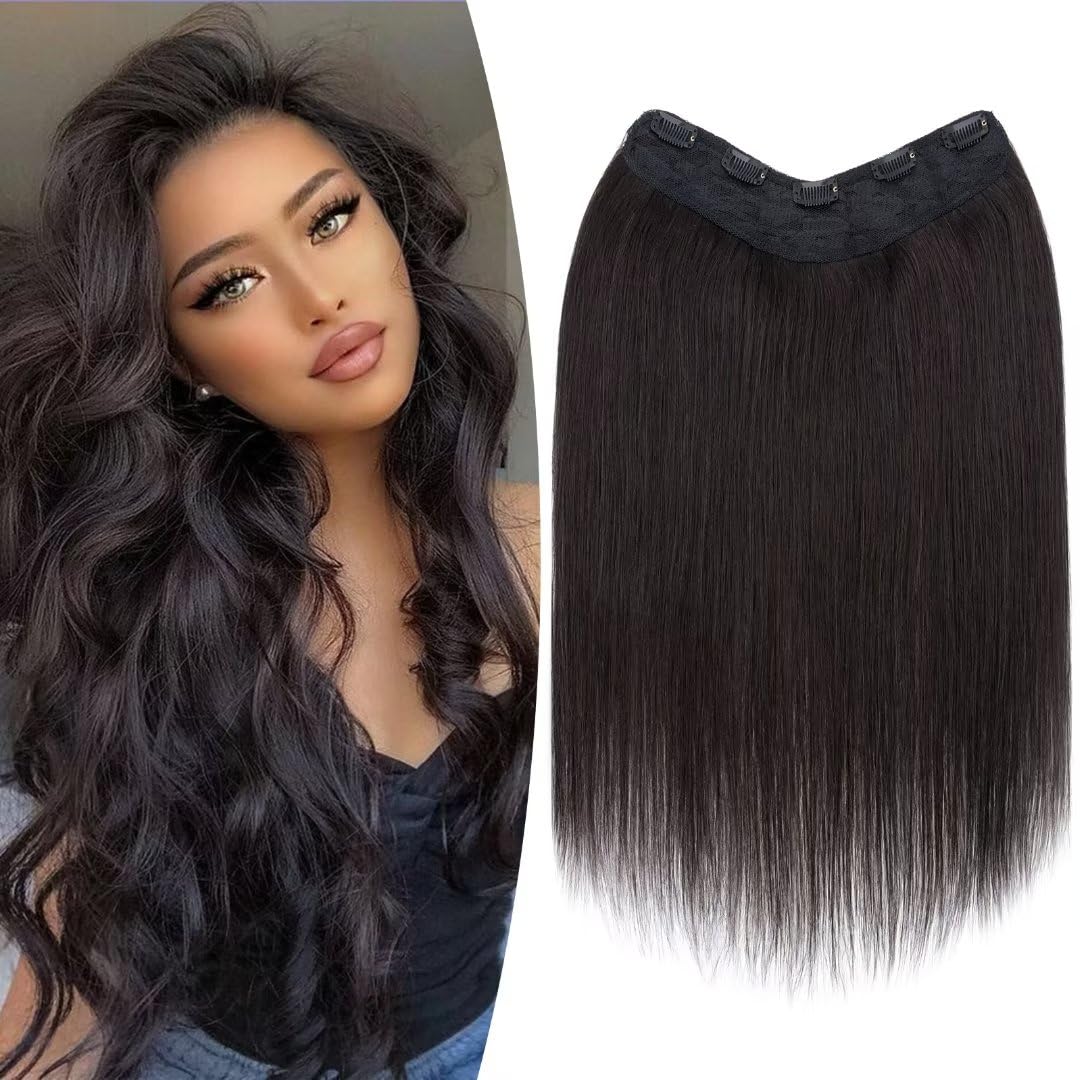 TESS Clip In Hair Extension 16 Inch,Hair Extensions Real Human Hair One Peice U-Shaped Straight Hairpieces for Women/Ladies/Girls(#1B Natural Black,16Inch) — image 1