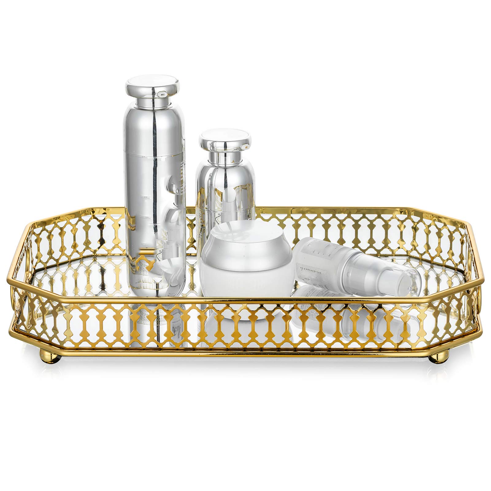 NUPTIO Decorative Tray Gold Mirror Tray for Jewelry Vanity Dresser, Rectangle Candle Tray Drinks Tray 29cm Length, Candle Plates and Trays Serving Tray Perfume Tray for Wedding Party Gifts for Her