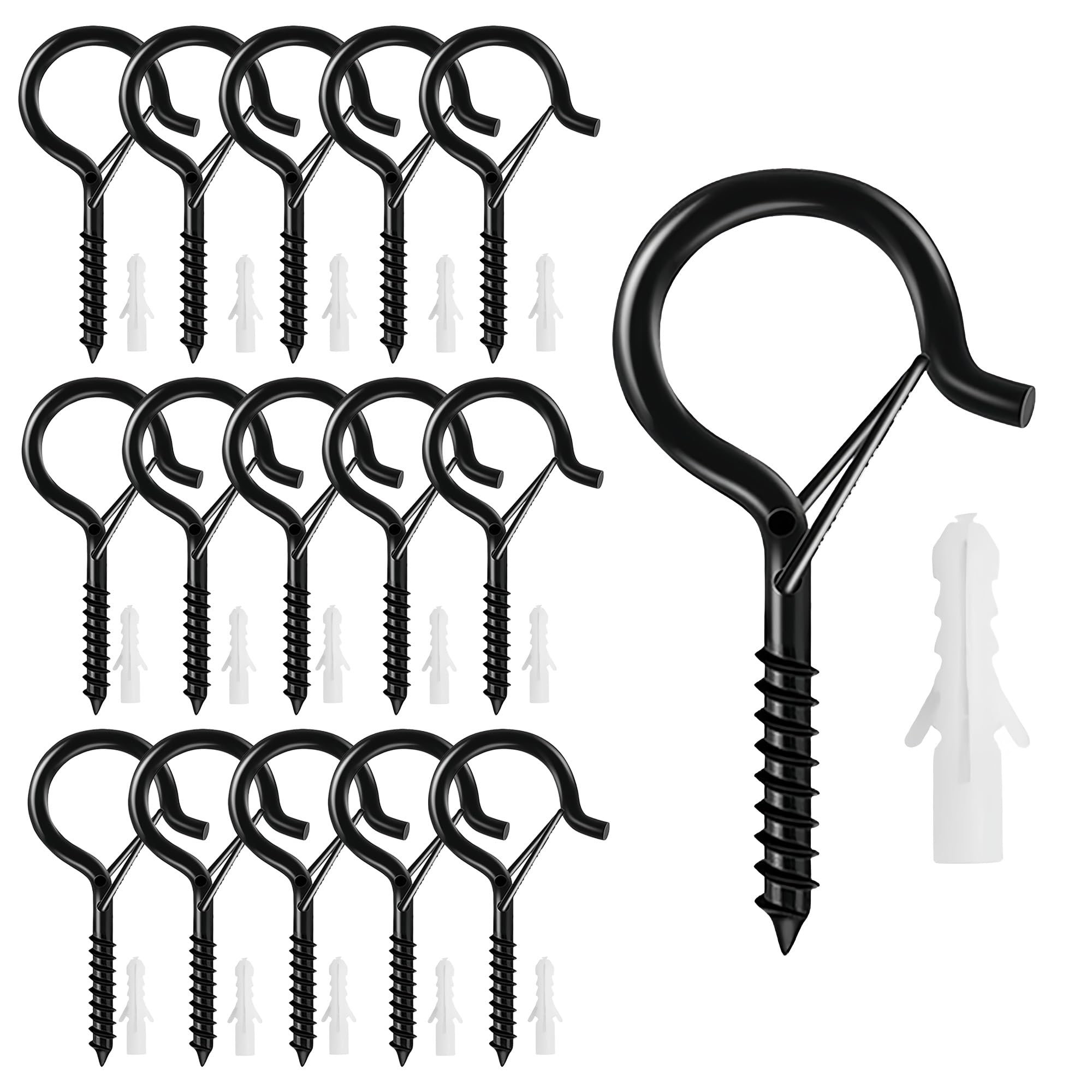 hioseyre 15 Pcs Q-Type Hanging Hooks,Screw in Hooks,Outdoor Light String Screw Hooks,Safety Clip Ceiling Hooks for Hanging Plants,Christmas Lights and Garden Lights,Party Decoration Hanging(Black)