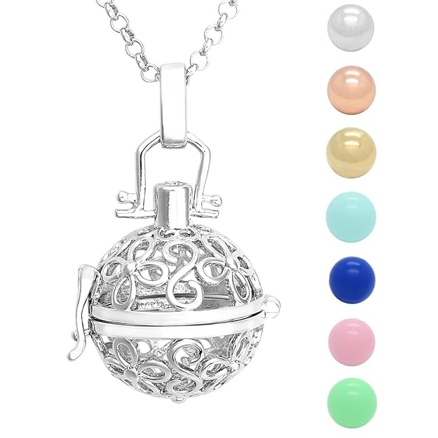 JOVIVI Engelrufer Hollow Blumen Anhänger Engelsklingel Schwangerschaft Halskette 7X Ø 16mm Glocke Klangkugeln mit 71cm Kette