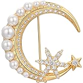 Vintage Pearl Brooch Pin Moon and Star Crystal Rhinestone Brooch 8-Pointed Star Lapel Pin Baroque Pearl Gold pins and brooches jewelry, SHE'S FREE STYLE JUST FOR YOU Metal Plating Process Safety pins