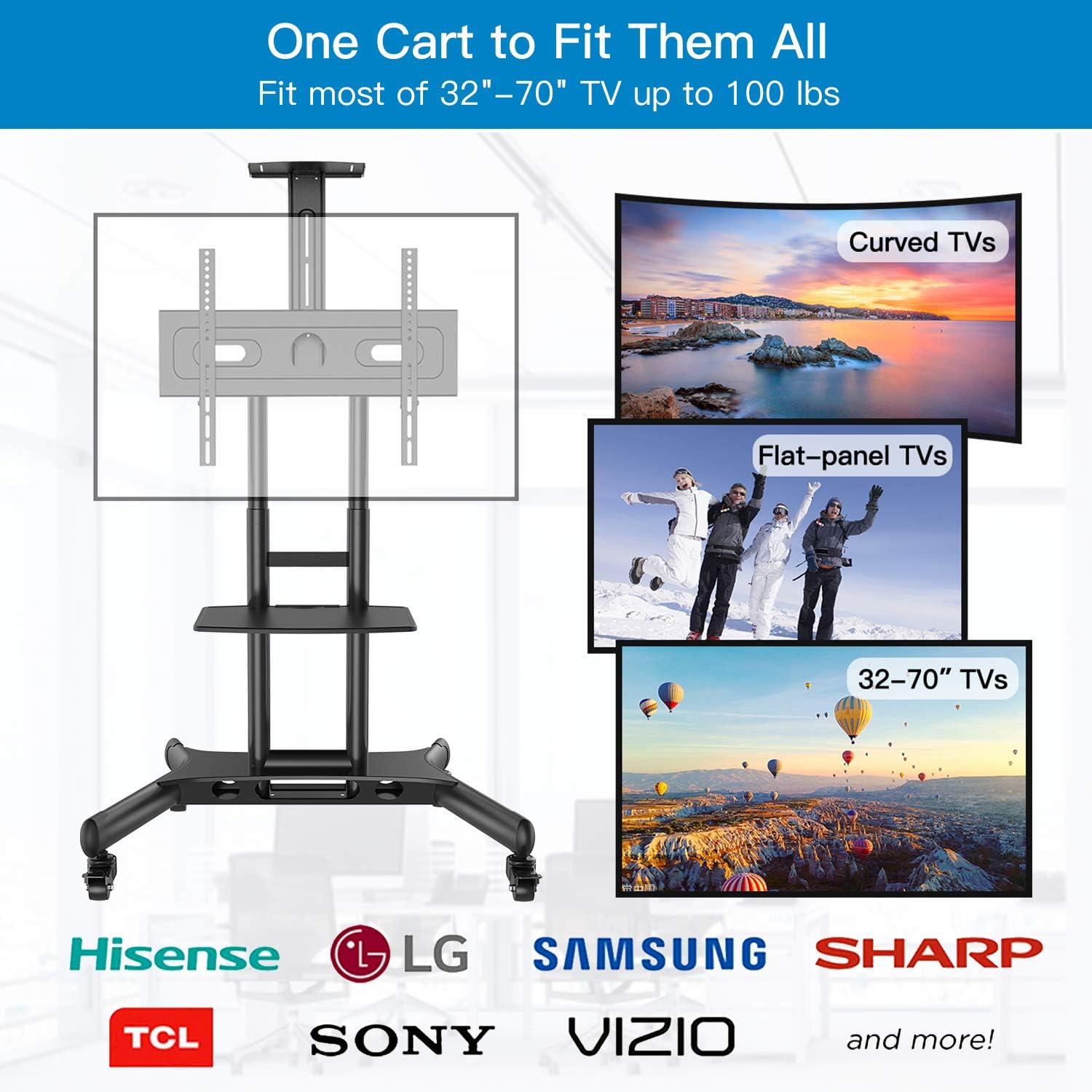 Rolling/Mobile TV Cart with Wheels for 32-70 Inch LCD LED 4K Flat Screen TVs - UL Certificated TV Floor Stand with Shelf Holds Up to 100 lbs, Height Adjustable Trolley Max VESA 600x400mm: Electronics
