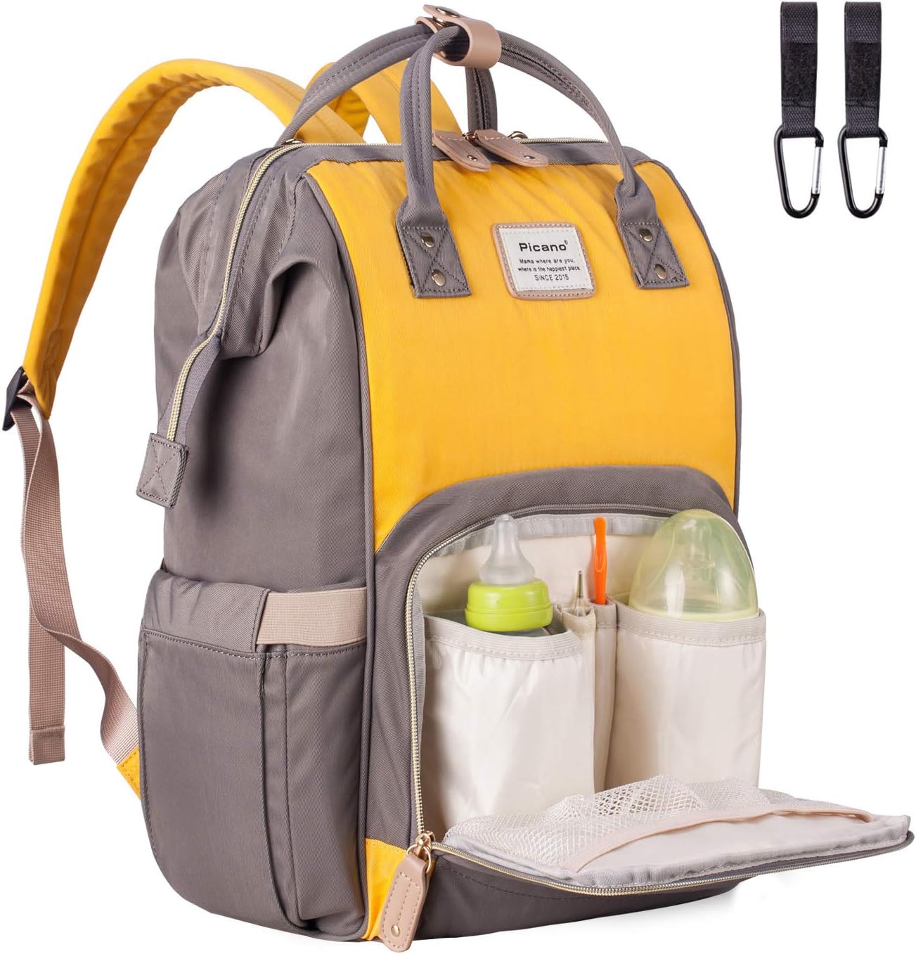 Baby Changing Bag for Mom, Multifunction Maternity Nappy Bag Waterproof Travel Diaper Rucksack Large Backpack with Insulated Pocket (Yellow & Grey)
