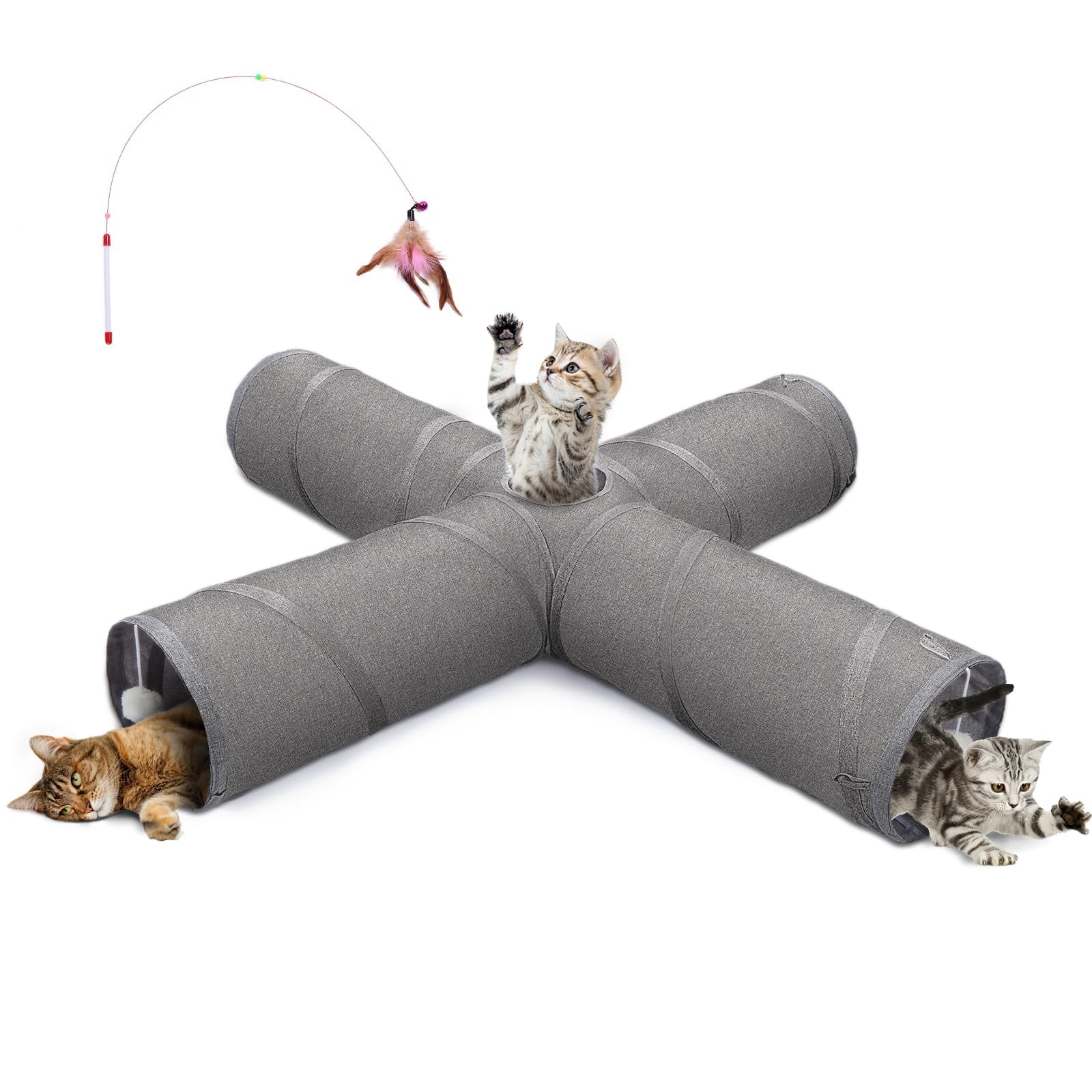 Ownpets Cat Tunnel, Cross 4 Way Pet Tunnel with Sturdy Oxford Fabric, Foldable and Resistant to Tearing, Featuring Multiple Exits, Hanging Ball and Teaser Wand,Grey