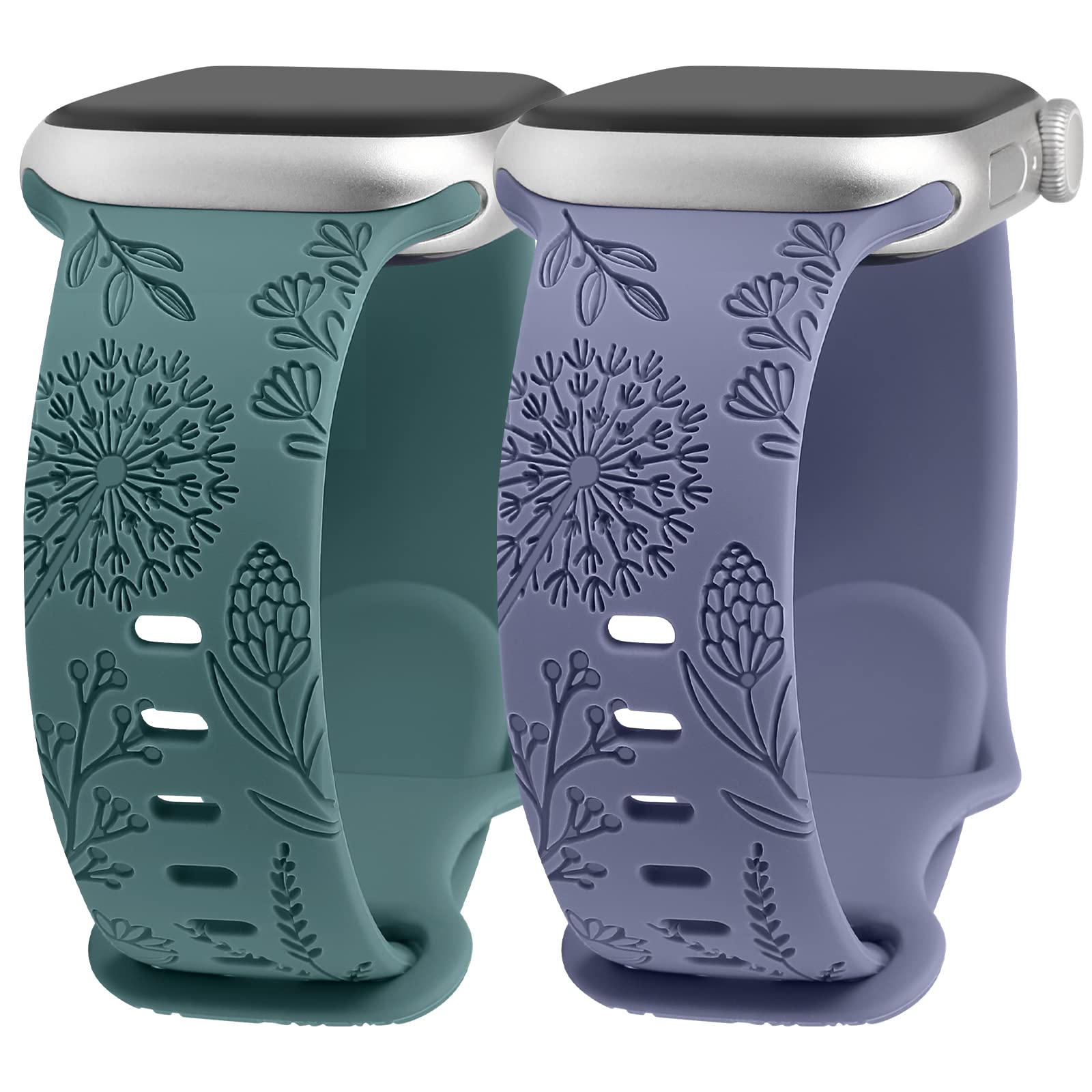TOYOUTHS Compatible with Apple Watch Straps 38mm 40mm 41mm 42mm, Soft Silicone Sport Strap Women Dandelion Engraved Pattern Replacement Band for iWatch Series 11 10 9 8 7 6 5 4 SE 3 2 1, Blue/Green