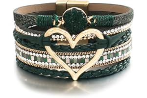 hotoo Leather Wrap Bracelet for Women Beaded Cuff Bracelet with Heart-shape Decor Bohemian Crystal Bracelet Jewelry with Clasp Bangle Bracelet for Women Girls Birthday Holiday Gift