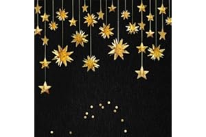 pinkblume Gold Party Decorations Star Garlands Streamer Gold 3D Stars Metallic Paper Hanging Bunting Banner for Birthday Wedding Baby Bridal Shower Holiday Christmas Ramadan EID Mubarak Party Supplies