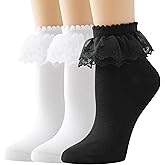 AMHRLINGTO Lace Ruffle Frilly Ankle Socks for Women - Cotton Double Layer Lace Socks