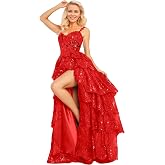 Flihodaputa Sequin Tiered Tulle Prom Dresses Long Sparkle Lace Applique Evening Dresses Ball Gowns with Slit