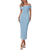 PRETTYGARDEN Summer Dresses for Women Formal Off The Shoulder Midi Bodycon Ribbed Knit Spring Wedding Guest Dress