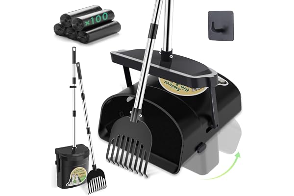 UPSKY Dog Pooper Scooper Swivel Bin & Rake Kit with 100 Waste Bags, 33.4" Stainless Steel Long Handle Heavy Duty Pet Poop Sho