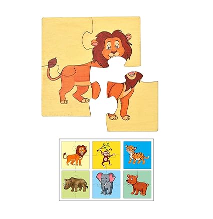 RK Cart Wild Animals Simple Puzzles for Kids, 4 Piece Wooden Jigsaw Fun Learning Toys, Set of 6