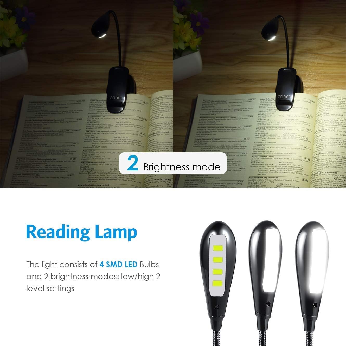 Criacr Clip on Book Light, 4 LED Portable Reading Light, Battery Operated Reading Lamp, Touch Sensitive Table Reading Light - Image 5