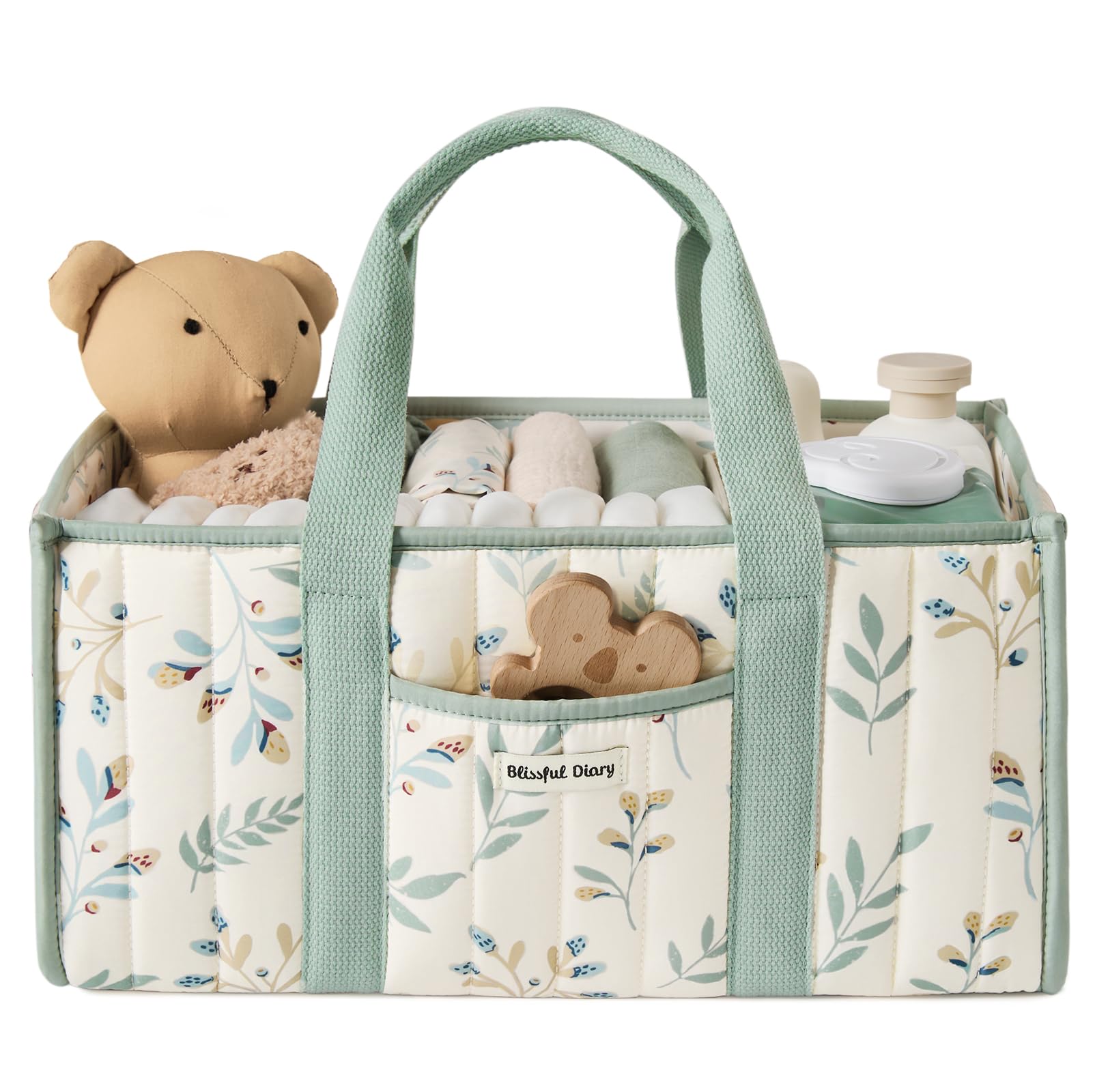 Photo 1 of Blissful Diary Leaf Diaper Caddy Organizer, Stylish Nursery Storage Basket, Gift for Baby Shower, Newborn Essentials, Sage Leaf