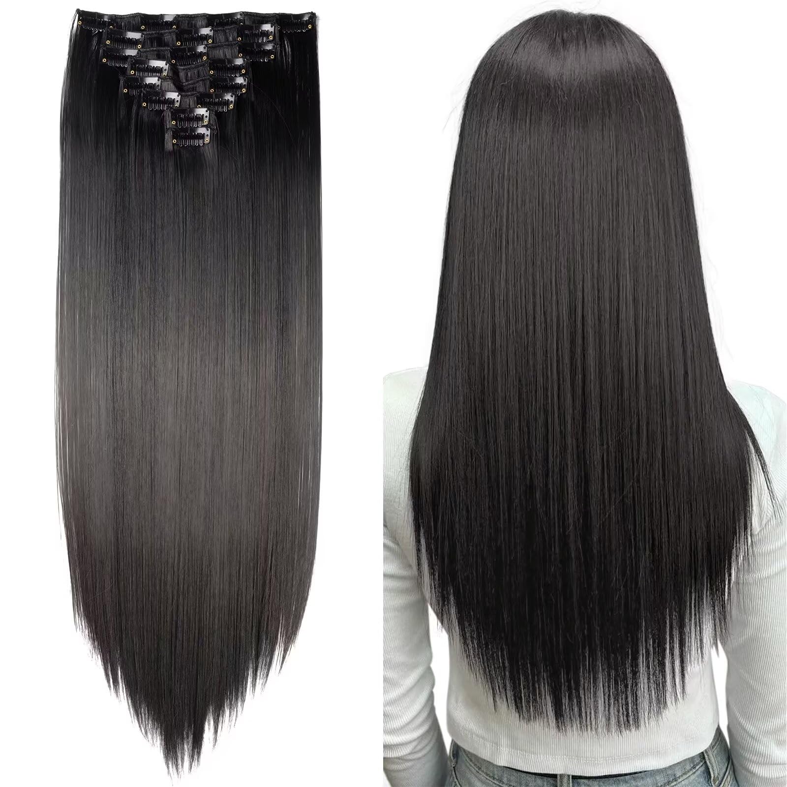23" Clip in Hair Extensions Jet Black 100% Synthetic Hairpiece Extension 8pcsHair Pieces Long Straight
