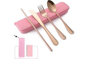 Boulder Bee Travel Utensils | Reusable Camping Cutlery | Stainless Steel Flatware | Portable Silverware Set with Case | Includes Knife/Fork/Spoon/Straw/Cleaning Cloth (Rose Gold)