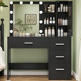 FIONESO Vanity Desk with Mirror and Lights, Makeup Vanity with 4 Drawers, Cabinet &amp; 4 Necklace Hooks, 3 Lighting Modes &amp; Adjustable Brightness, Vanity for Girls,Black