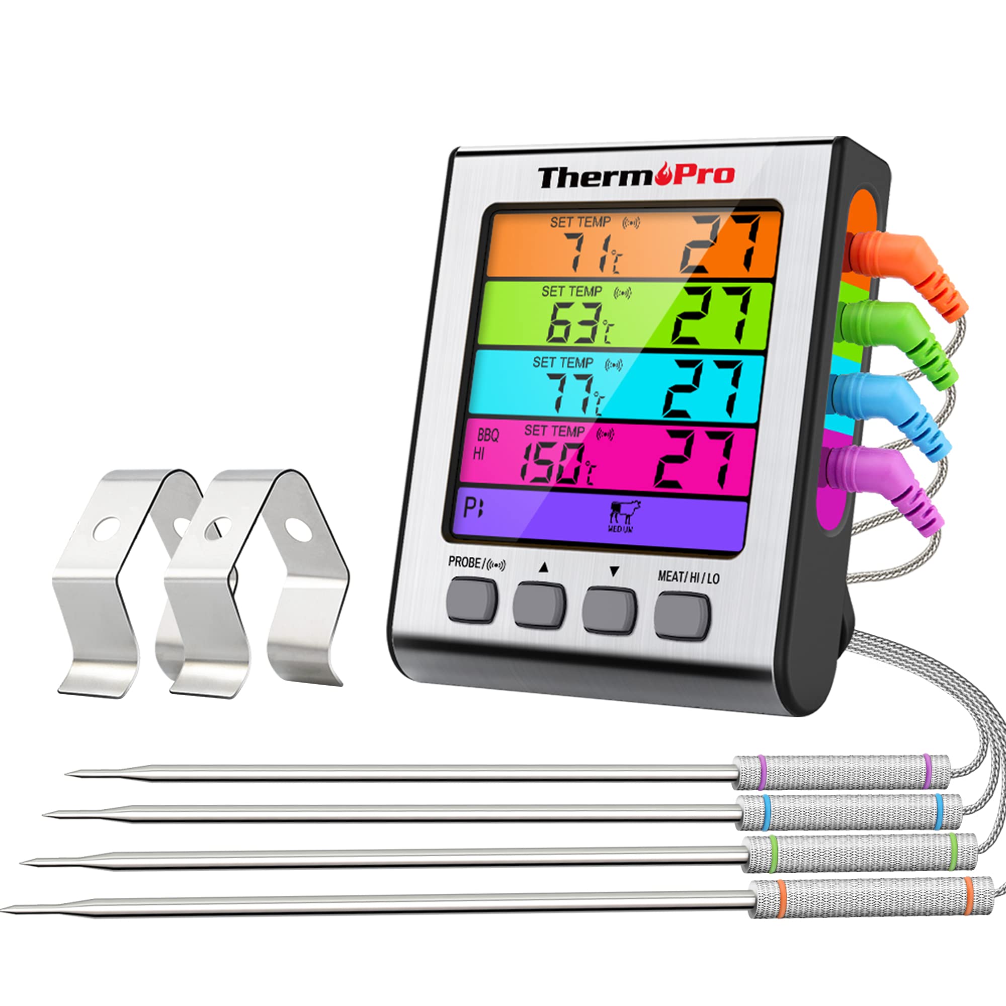 ThermoPro TP17H Digital Meat Thermometer Kitchen Cooking Thermometer with 4 Colourful Temperature Probes for Oven Grill, Smoker, BBQ, Liquids, Candy, Oil, Deep Frying with Backlight