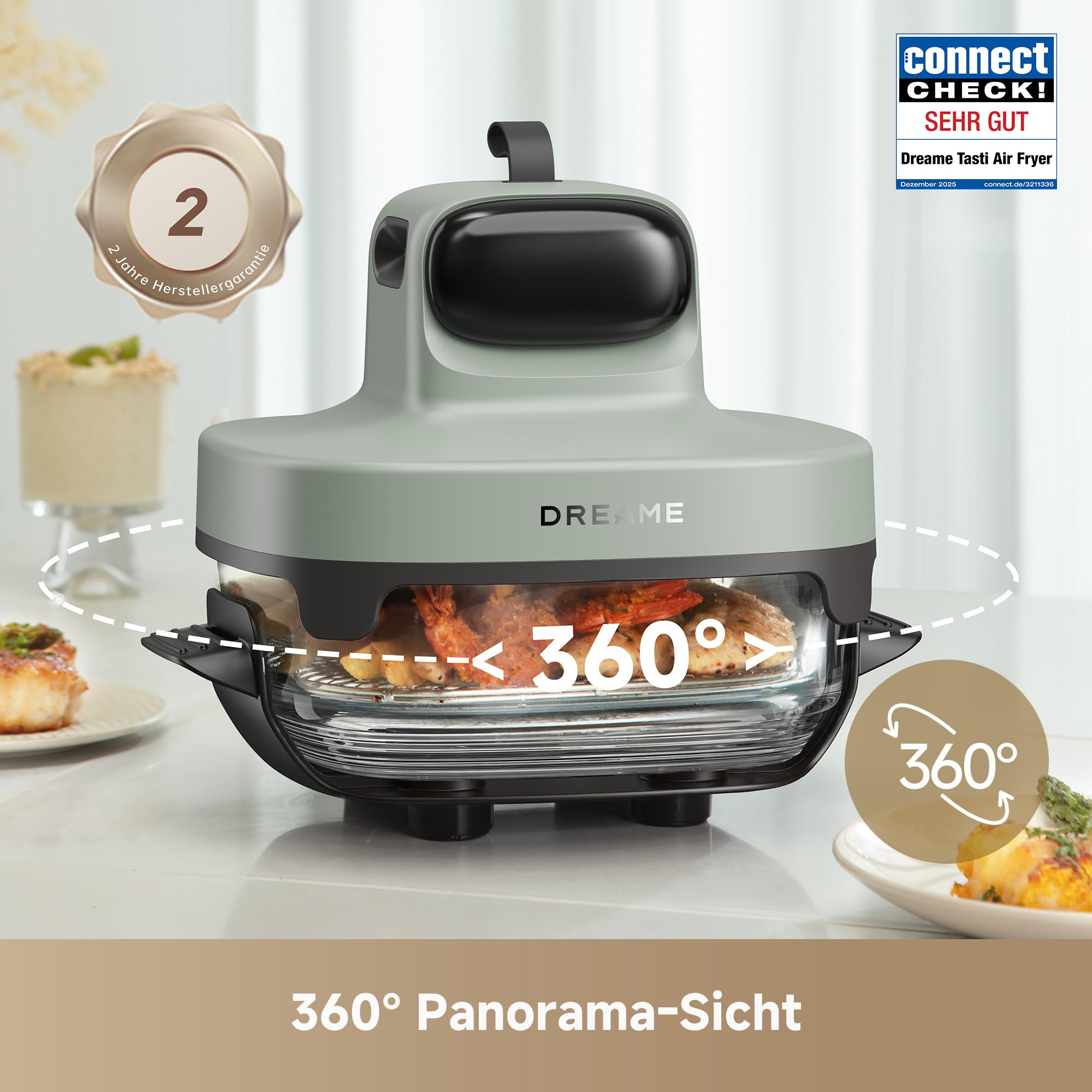 dreame Tasti AirFryer 5-in-1 tragbare Glas-Heißluftfritteuse, Zwei-Behälter-Setup (2,5 L + 4,5 L), 6 mm Borosilikatglas, 3D-Heißluft-Umwälzung, spülmaschinengeeignet, 360°-Panorama-Ansicht, abnehmbar 2