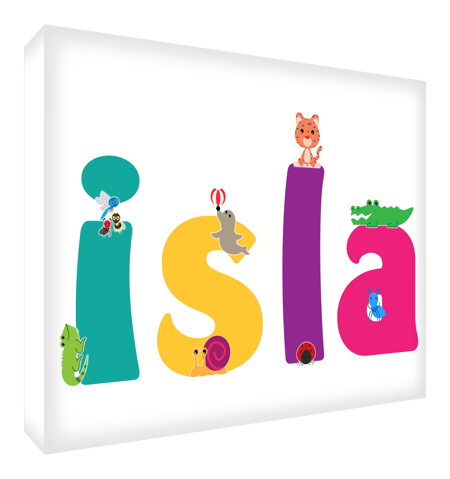 Feel Good Art Gallery Wrapped Nursery Box Canvas with Solid Front Panel, Cute Illustrations and Personalised with Girl's Name (40 x 60 x 4 cm, Large, Isla)