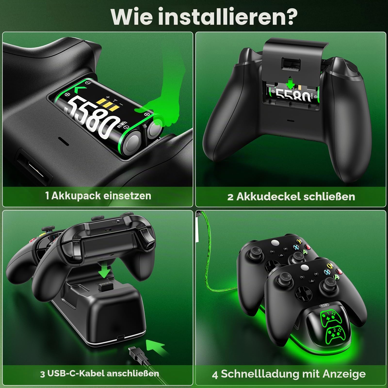 OIVO Xbox Controller Ladestation mit 2X 5580mWh Wiederaufladbaren Akku für Xbox One/Series X/S, Xbox Akku für Controller mit Ladestation 8