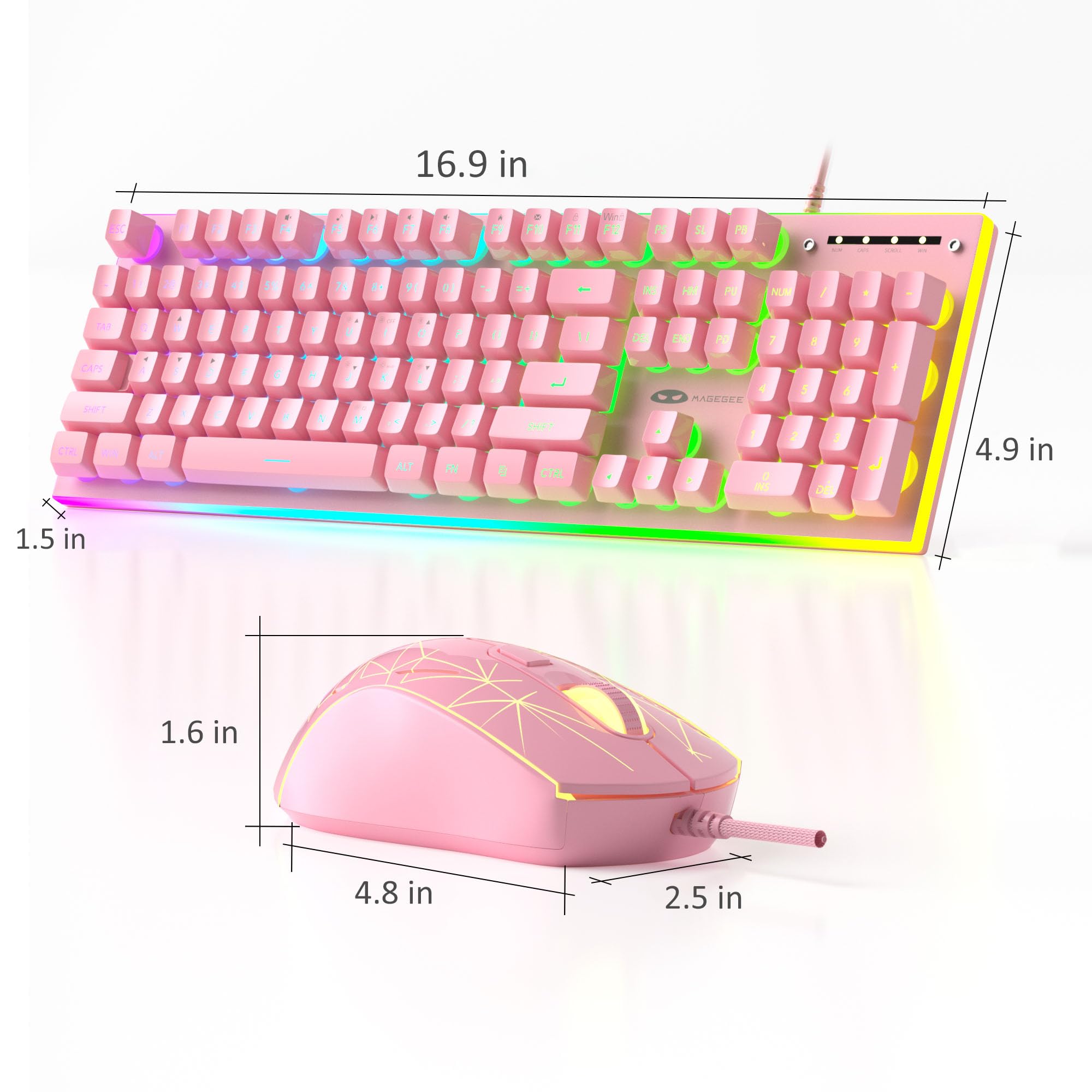 MageGee GT838 Gaming Keyboard and Mouse Combo, 104 Keys RGB Backlit Quiet Wired Keyboards for Laptop PC MAC, with Number Pad, Metal Panel, Anti-Ghosting, Pink
