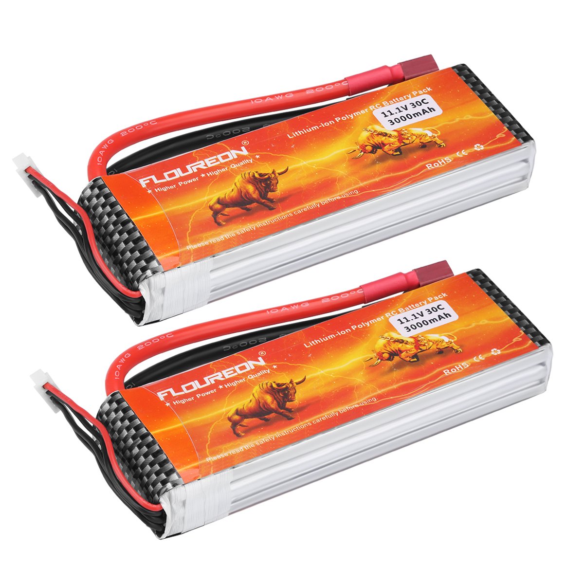 FLOUREON Lipo 3S 30C 11.1V 3000mAh T Plug Rechargeable RC Battery Pack for Car Truck Boat Traxxas Slash Emaxx Monster HPI Kyosho UAV FPV Drones DIY Hobby and More (2pack)