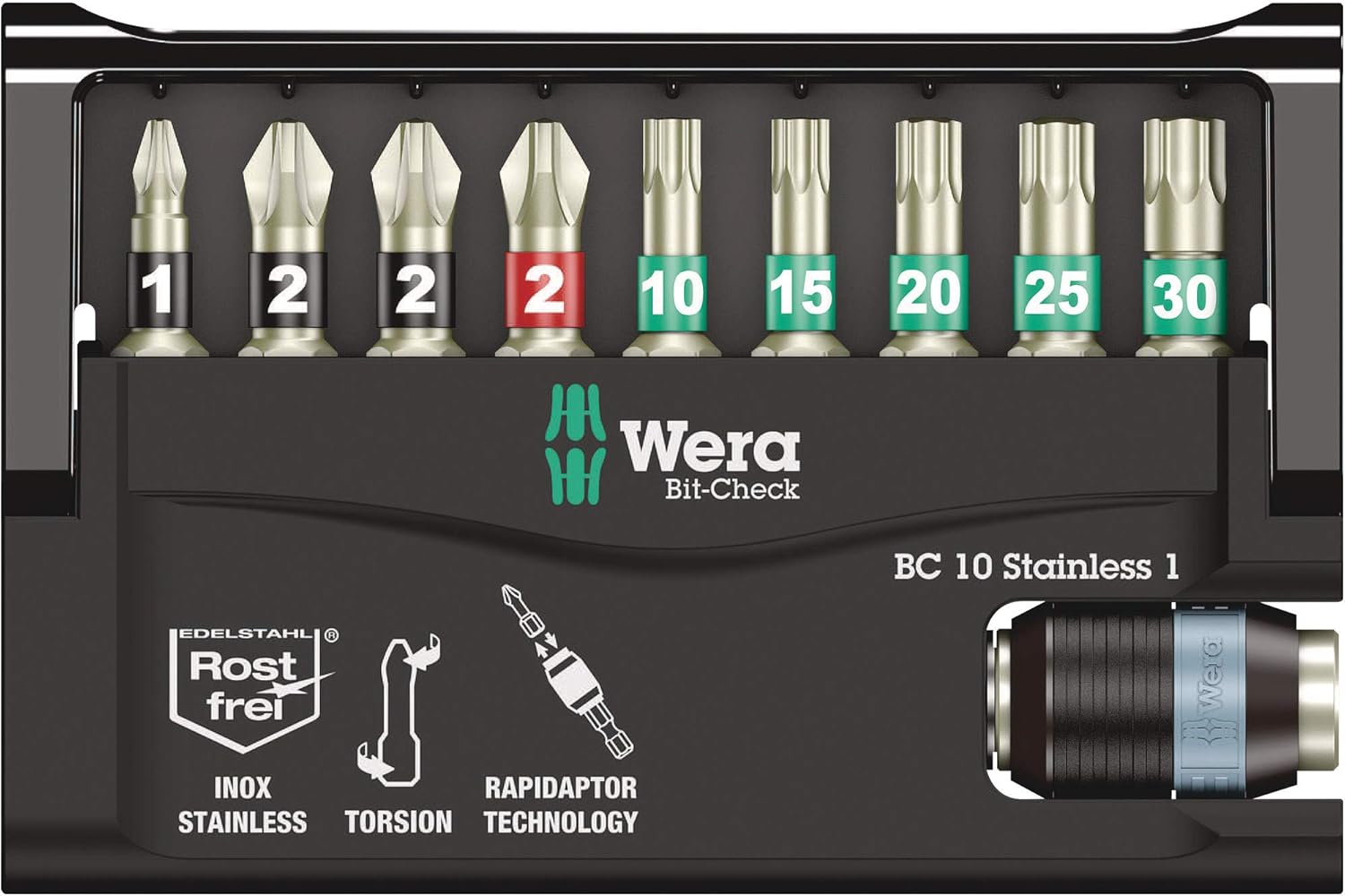 Wera Bit-Check 10 Stainless 1 SB Bit set, with Rapidaptor holder, PH/PZ/TX, 10pc, 05073630001, Multi-colour