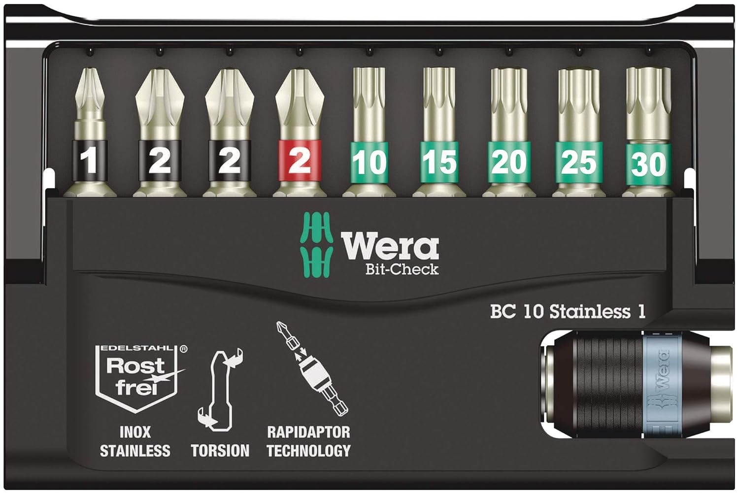 Wera BitCheck 10 Stainless 1 SB Bit set, with Rapidaptor holder, PH/PZ