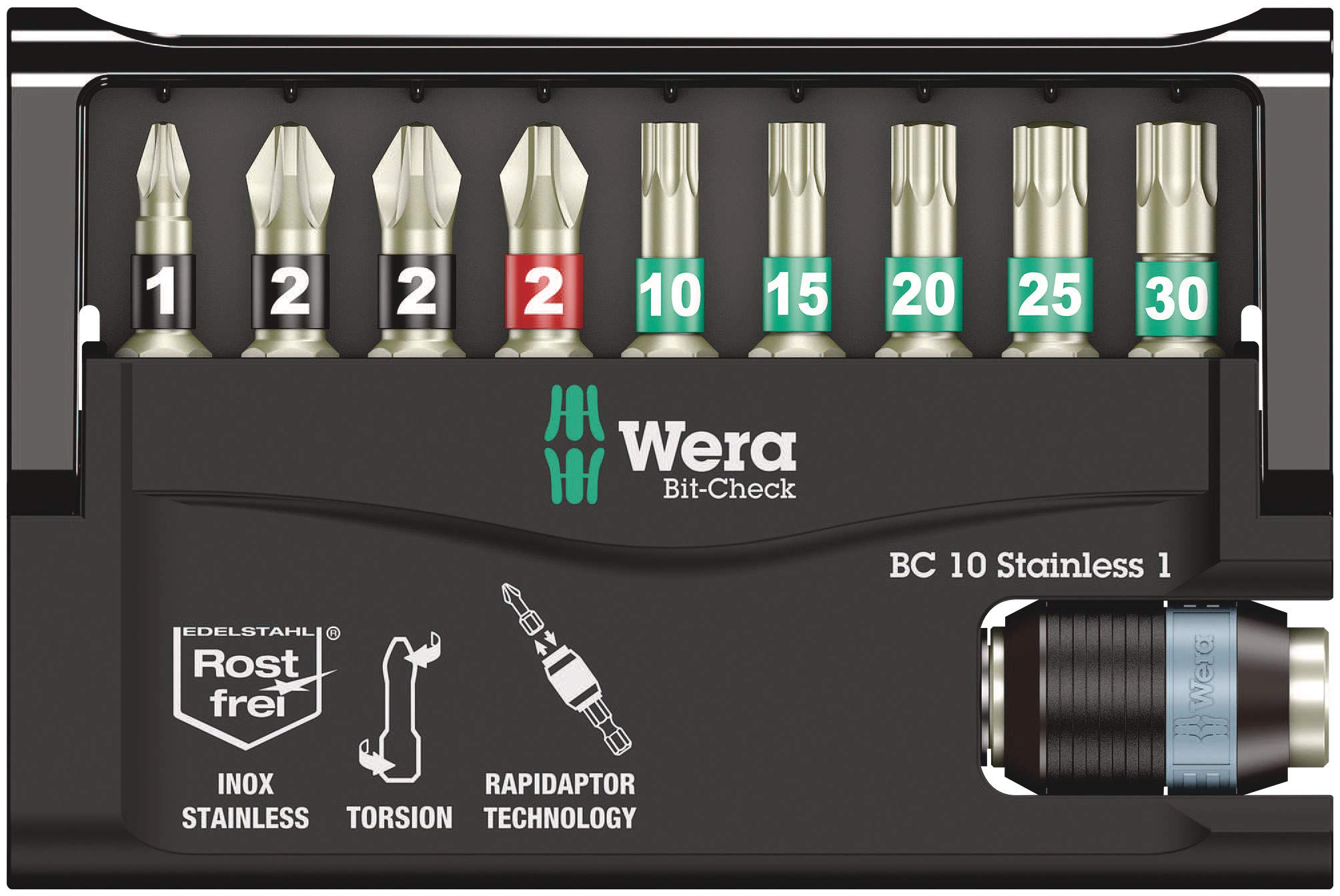 Wera Bit-Check 10 Stainless 1 SB Bit set, with Rapidaptor holder, PH/PZ/TX, 10pc, 05073630001