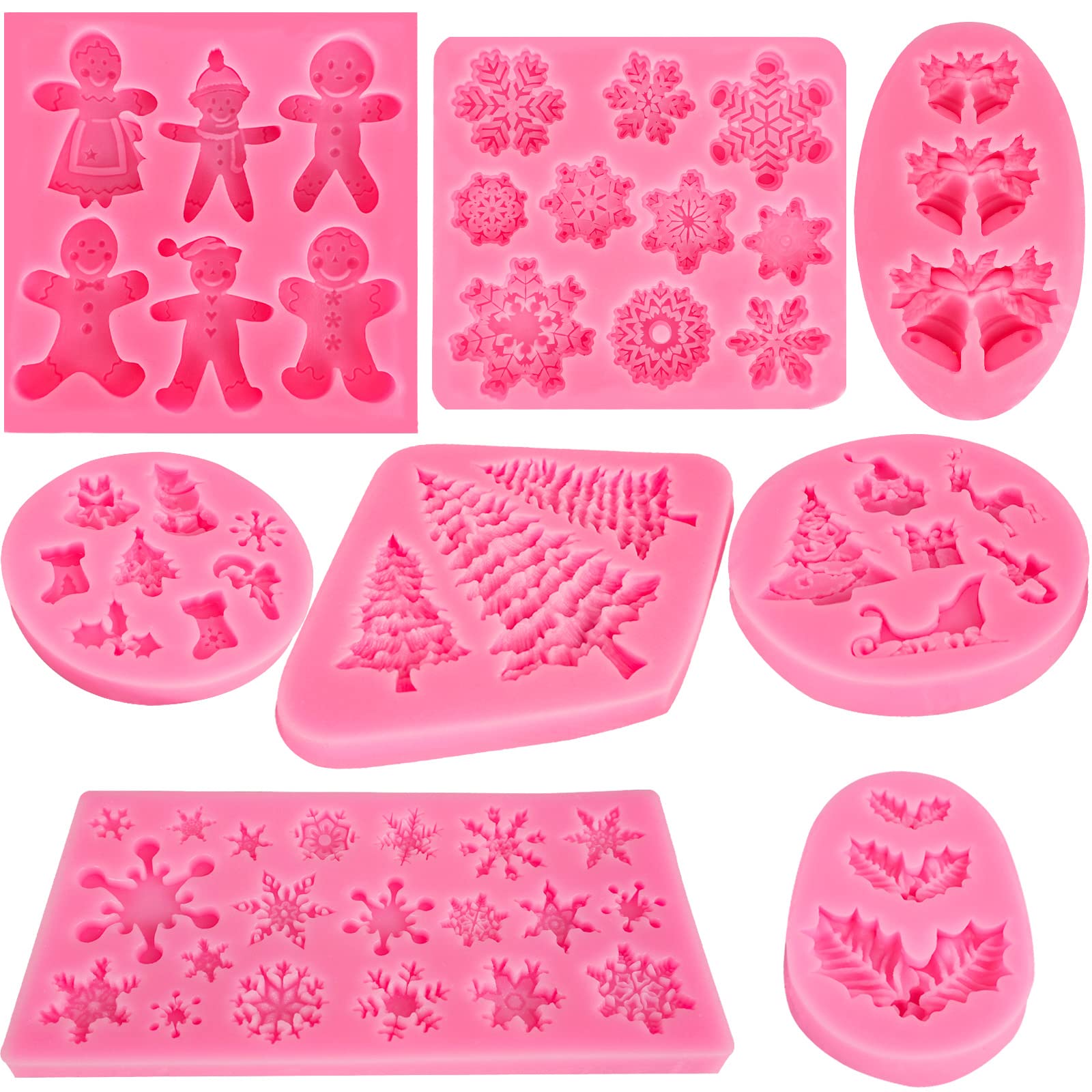 Christmas Silicone Fondant Candy Soap Cake Molds - Snowflake, Tree, Reindeer, Holly Leaves - Baking Molds for Christmas and New Year Party Cupcake Decor, 8 Pieces