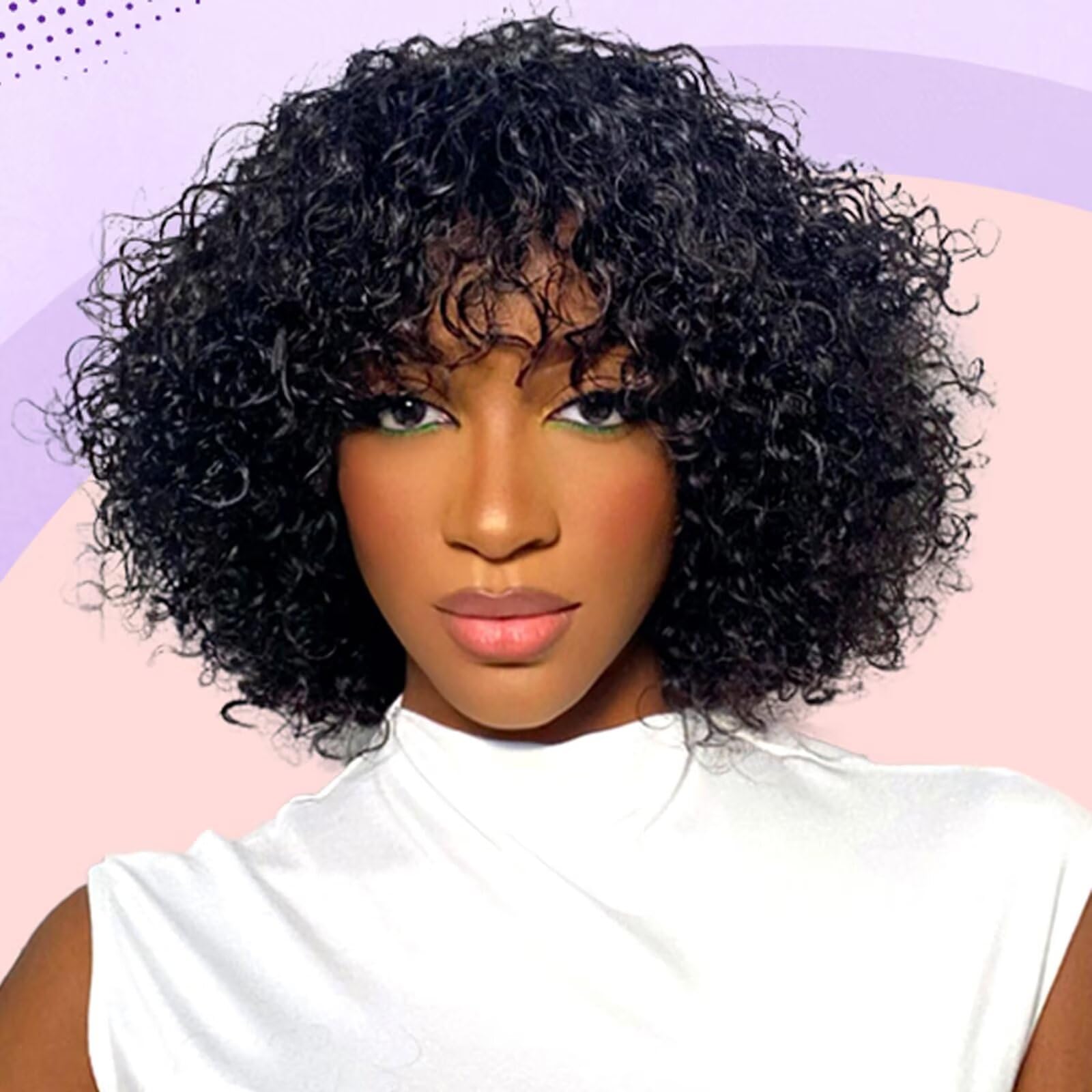 Photo 1 of IMAYLI Curly Bob Wig with Bangs 10inch Short Curly Wigs for Black Women Human Hair 180% Density Glueless Water Wave Brazilian Hair wigs None Lace Front Wig Natural Black