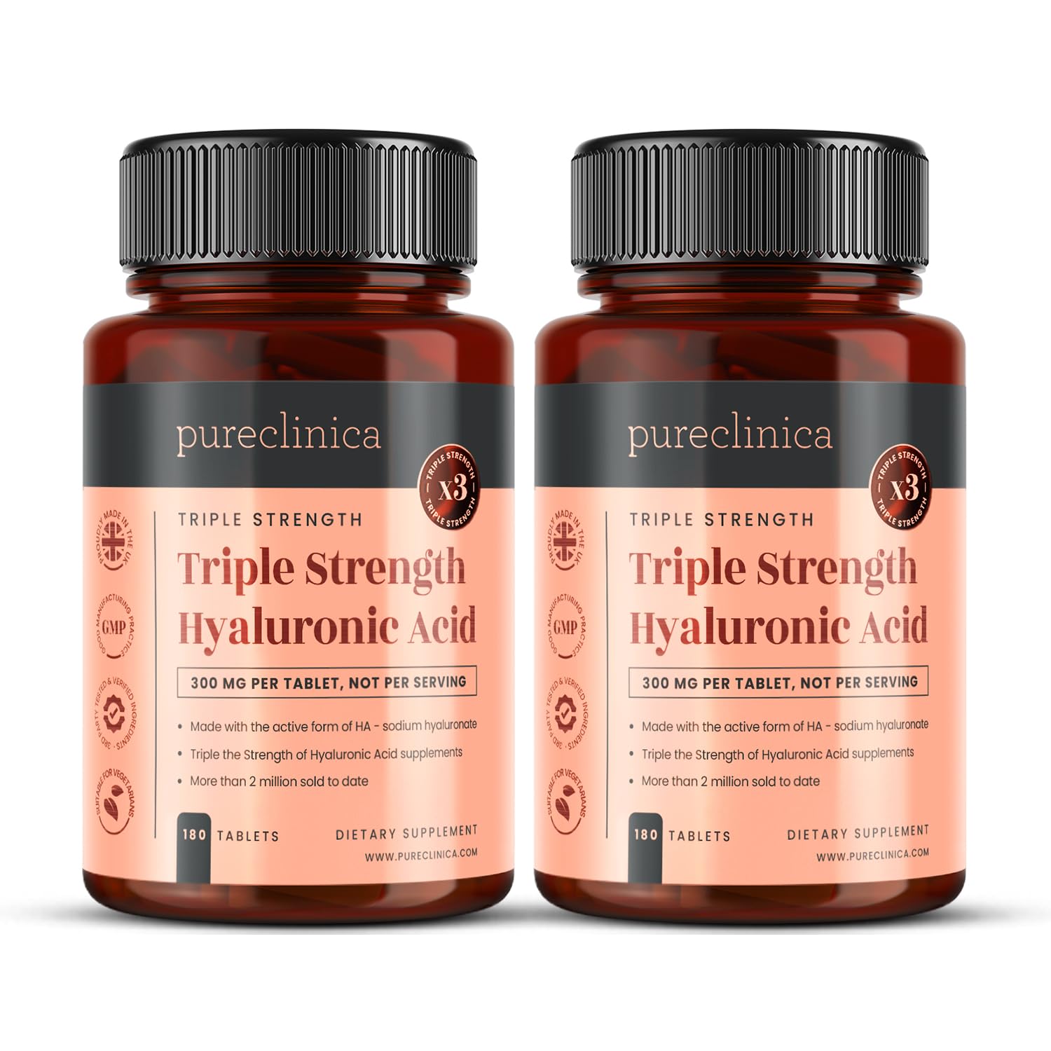 Triple Strength Hyaluronic Acid 300mg x 360 Tablets (2 Bottles of 180) - 12 Months Supply. 300% Stronger Than Any Other HLA Tablet.